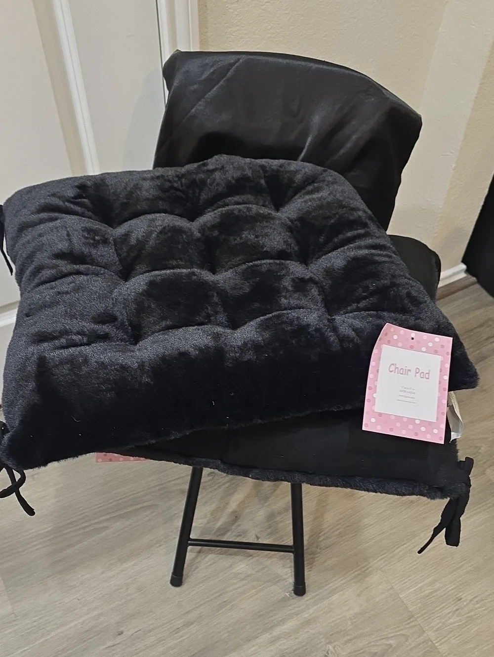 At Home Plush Faux Fur Reversible Tie Seat Cushions- Black